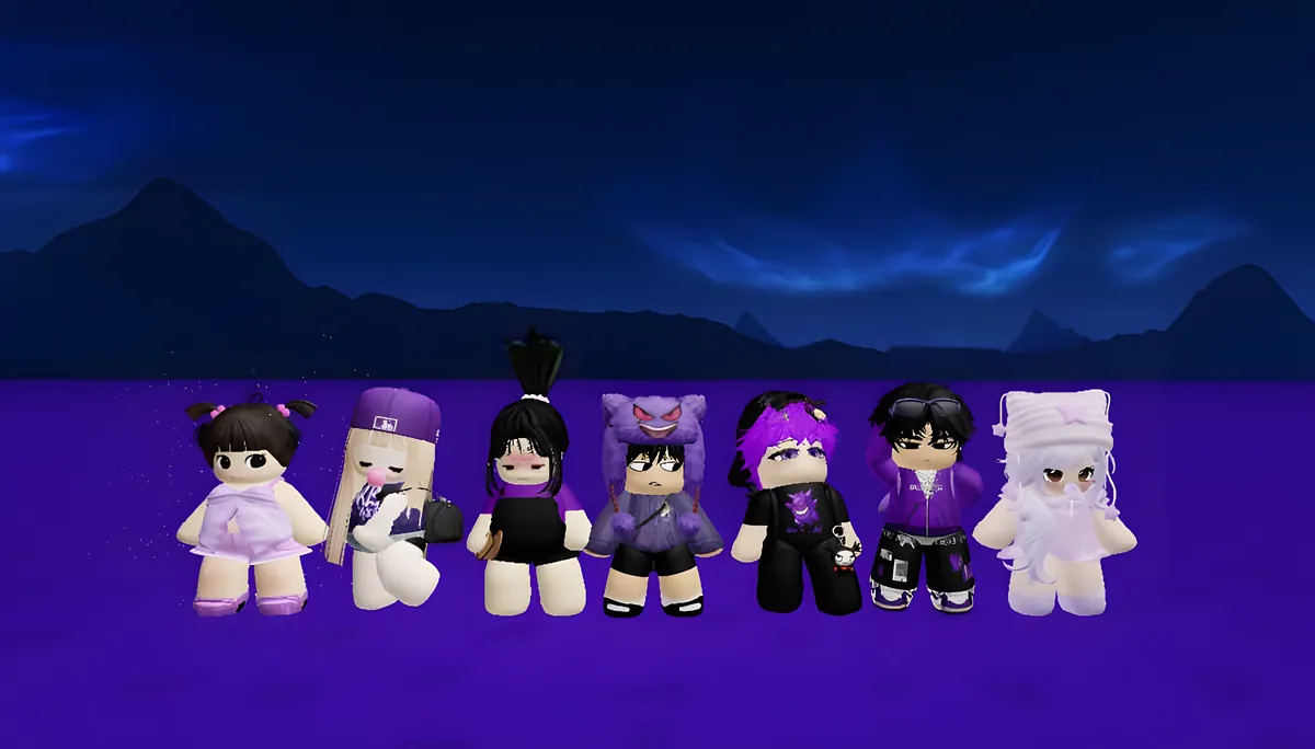 Seven friends in purple outfits lined up under a night sky