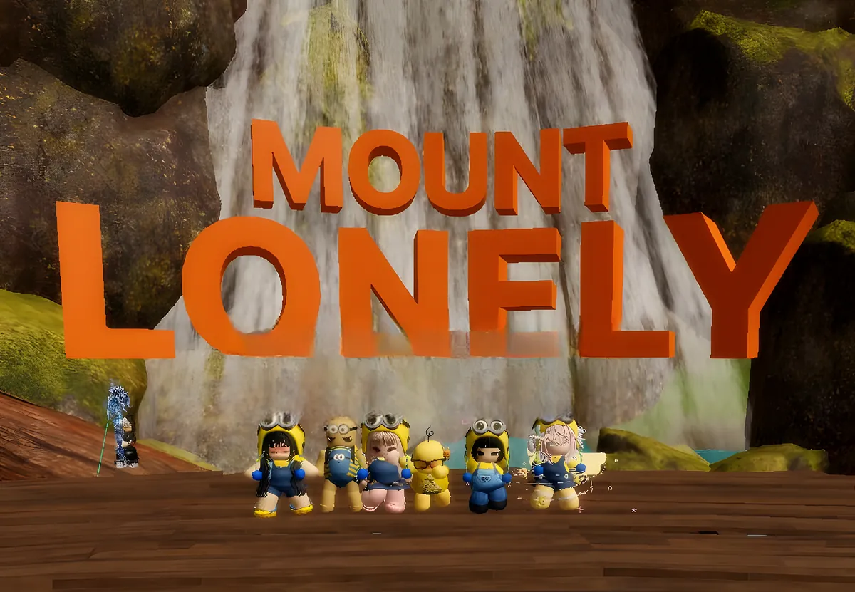 Six friends in minion outfits under a giant Mount Lonely sign by a waterfall