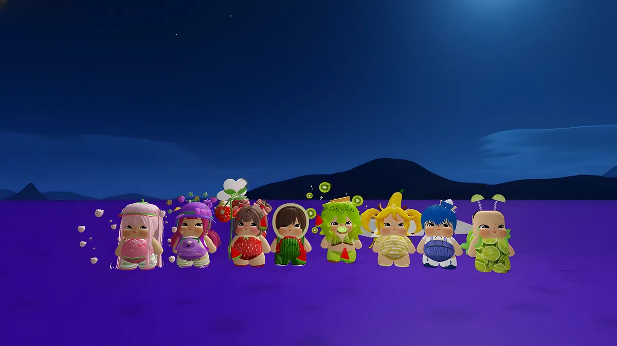 Eight friends dressed as fruit lined up under a night sky