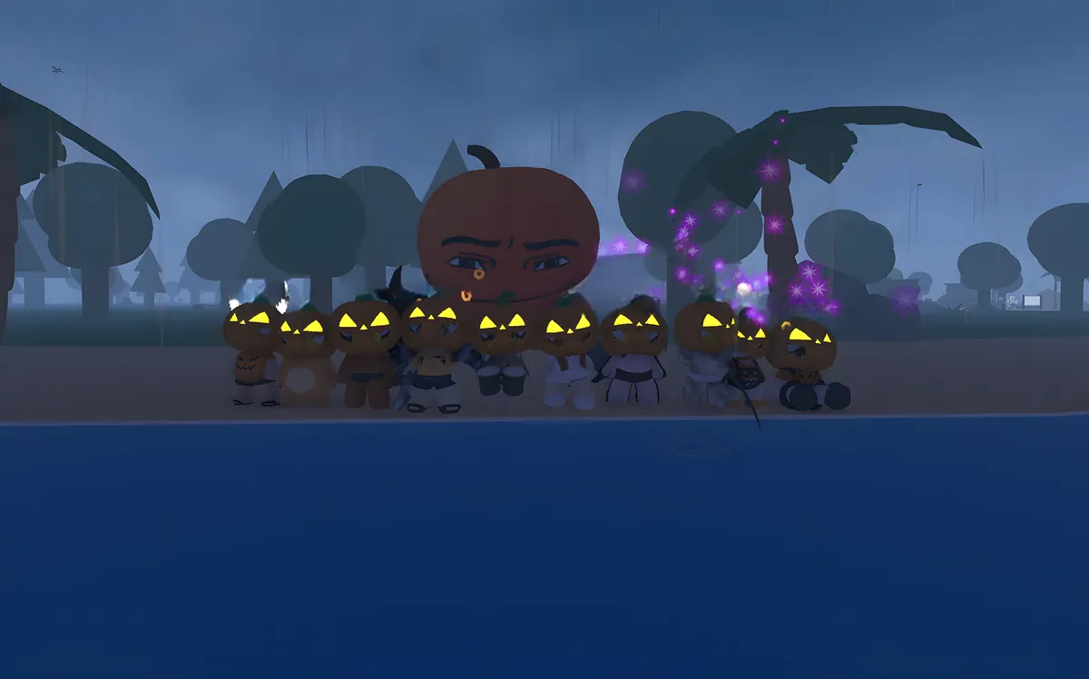 Friends wearing glowing jack-o'-lantern heads on a rainy beach at night, a giant pumpkin behind them